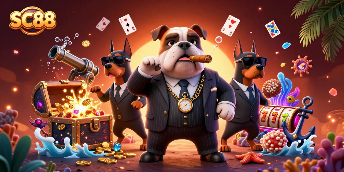 SC88 vibrantly visualizes a cartoon mafia boss bulldog amid exciting casino action elements.