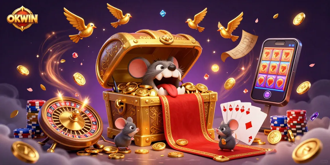 Experience the thrill of gaming at OKWIN, with cartoon characters surrounded by golden treasures and casino elements.