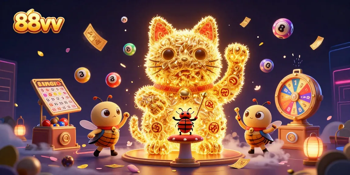 Engage with 88vv as golden fireflies form a lucky cat amidst vibrant casino elements.