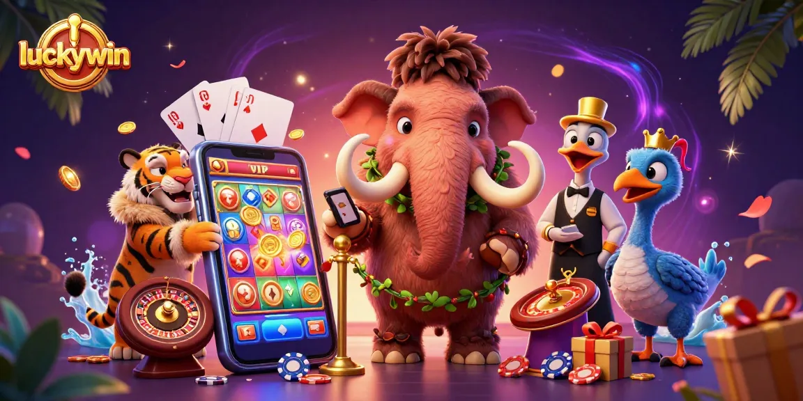Engage in thrilling gaming at luckywin with a vibrant scene featuring a woolly mammoth bouncer and a saber-tooth tiger VIP.