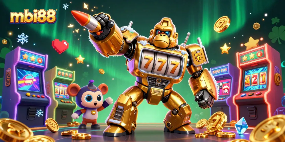 Experience exciting wins with mbi88 as a golden gorilla mech bursts coins in a vibrant casino scene.