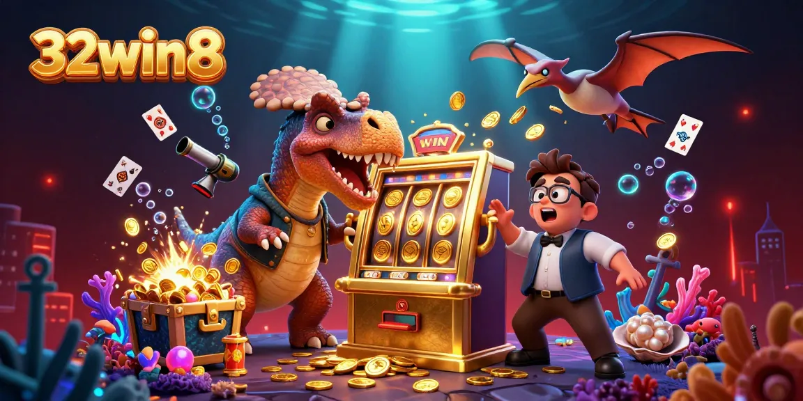 32win8 showcases a vibrant scene of a dinosaur winning a jackpot at a casino.