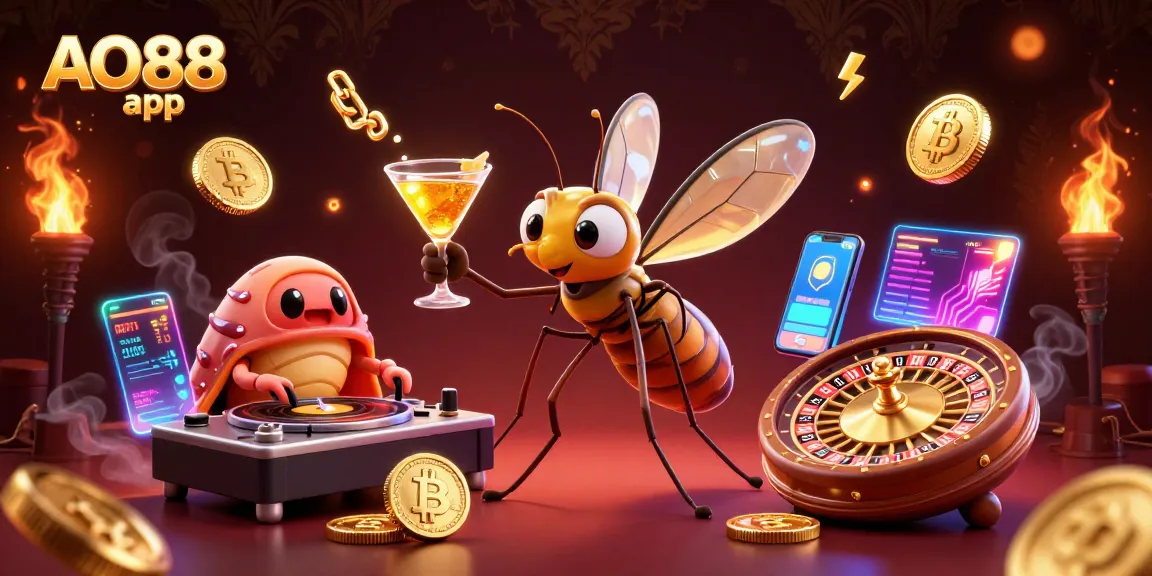 Experience the exciting AO88 app with a dazzling 3D casino scene featuring unique characters and cryptocurrency elements.