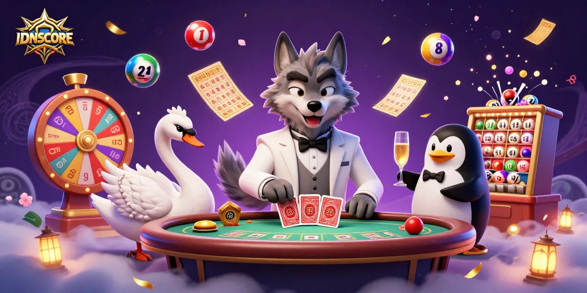 Experience IDNSCORE's thrilling game scene with a debonair wolf and elegant characters at a baccarat table.