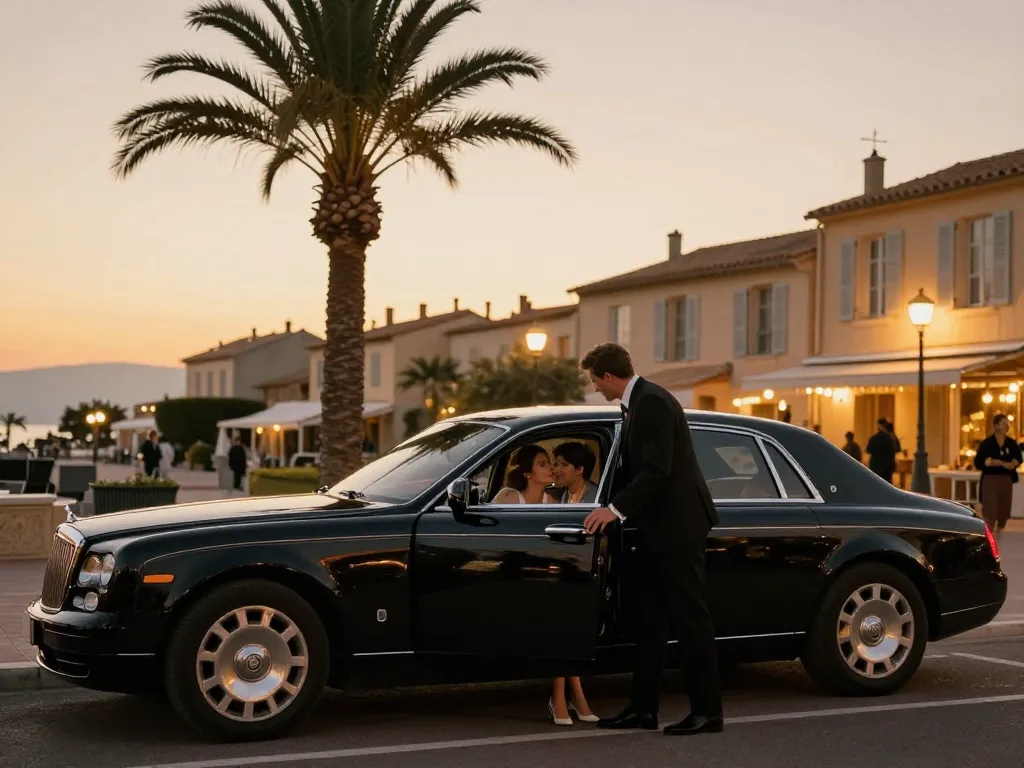Service de luxe Taxi Saint-Tropez avec un chauffeur ouvrant la porte de la voiture au coucher du soleil.