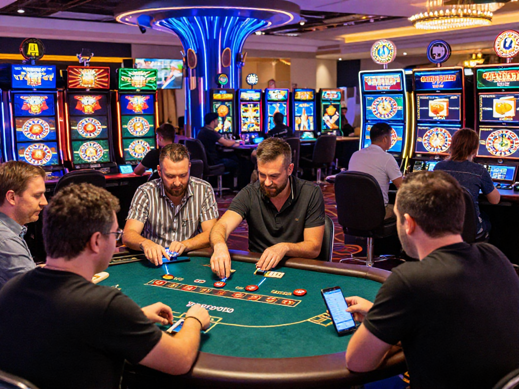 Giocatori attivi nei casino non AAMS, coinvolti in giochi come roulette e poker, con atmosfere vivaci e promozioni digitali.