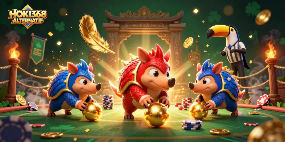 Experience thrilling gameplay with HOKI368 ALTERNATIF as rival pangolins battle amidst golden scales and poker chips.