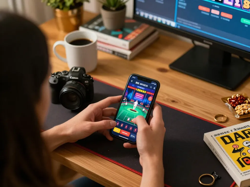Experience llwin Download with a person excitedly engaging in mobile casino gaming at home