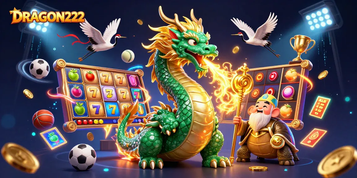 Experience thrilling wins with DRAGON222, featuring an emerald jade dragon in a rich casino scene.