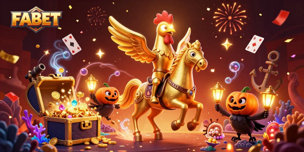 Experience FABET thrills with golden rooster and spectral horse in a vibrant midnight casino scene.