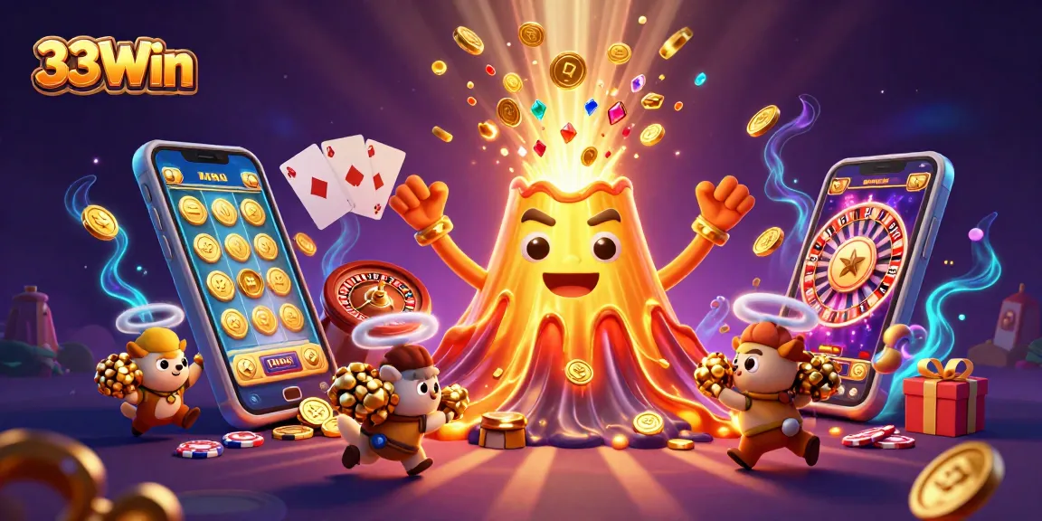 Experience the excitement of 33Win as a golden volcano erupts treasure while tiny animals flee with riches.