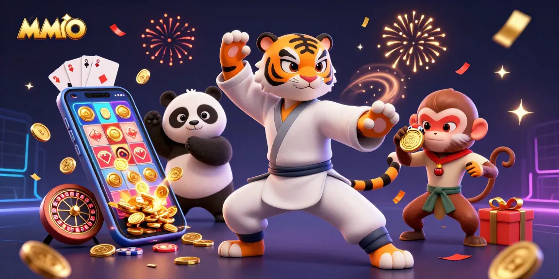 Engage with MMOO's vibrant casino world featuring a kung fu tiger master and playful characters surrounded by dynamic gambling elements.