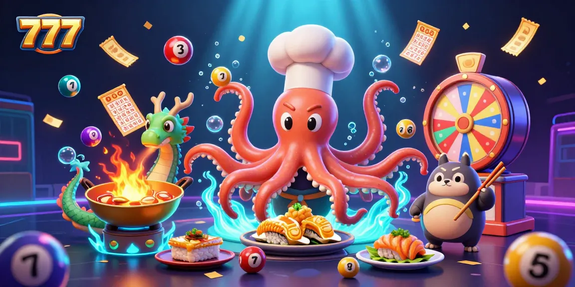 Experience the thrill of 777 gaming with vibrant characters cooking and exciting lottery elements in this casino-themed illustration.