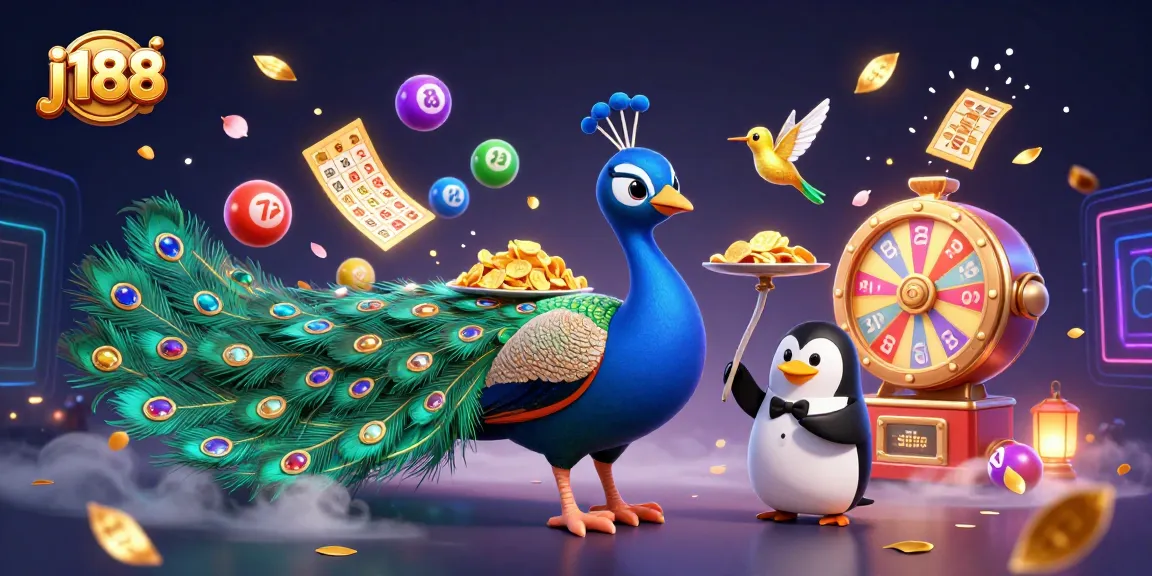 Win at j188 with vibrant golden chips and a lively lottery scene bursting with colors and excitement.