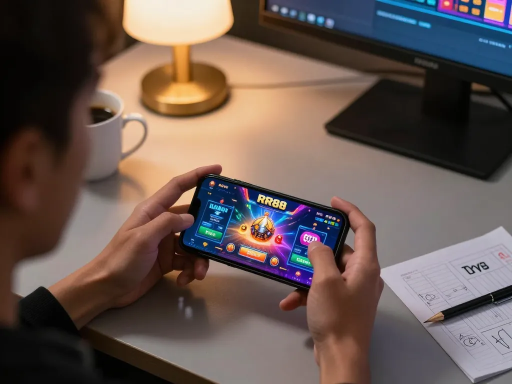 Engaging with the RR88 casino app on smartphone while enjoying strategic gameplay.