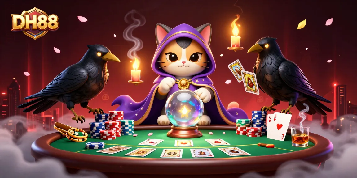 Engage with DH88 in a vibrant 3D cartoon casino scene filled with poker action and mystical elements.