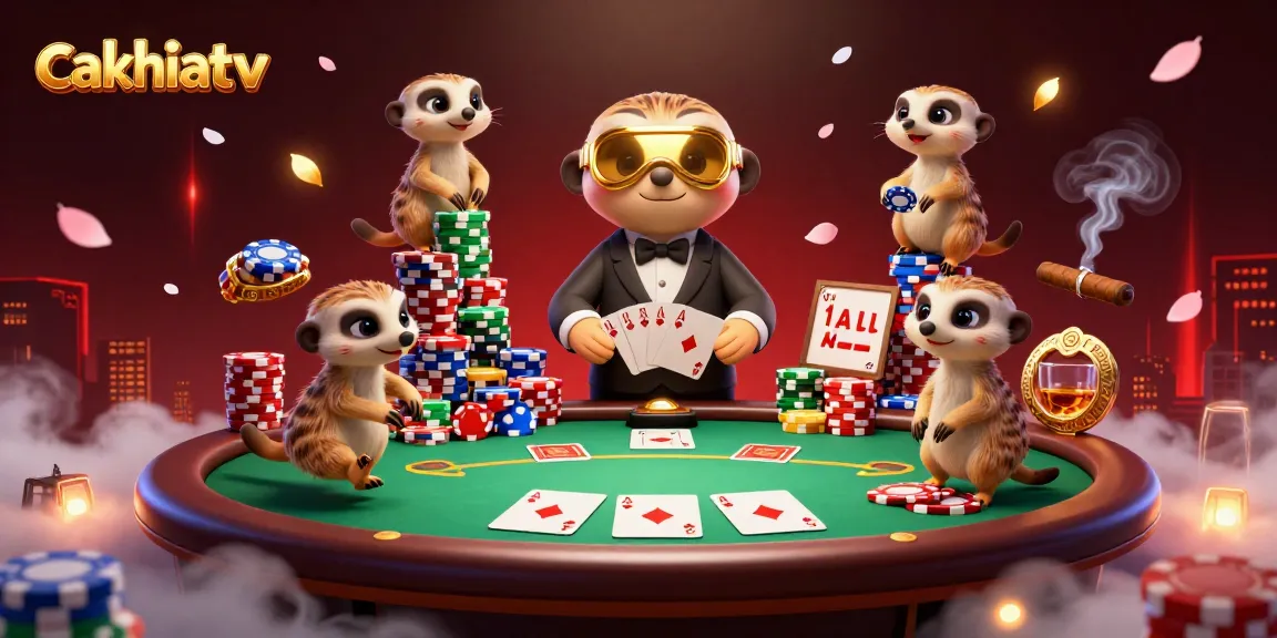 Experience dynamic gameplay at cakhiatv with playful meerkats running a vibrant casino operation, surrounded by colorful poker elements.