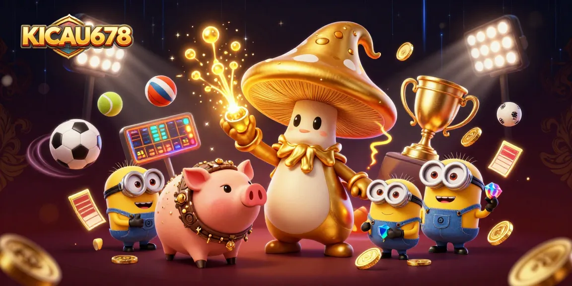 KICAU678 offers an exciting online betting adventure with a golden mushroom wizard, treasure-hunting pig, and vibrant sports elements.