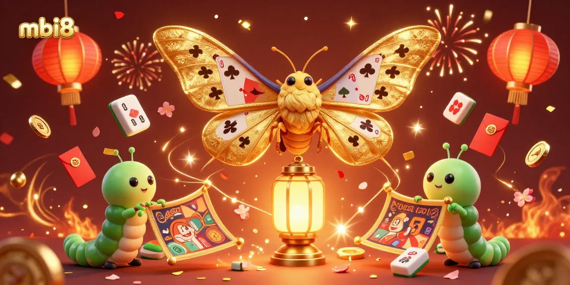 Win at mbi8 Casino with vibrant 3D gaming scenes featuring golden moths and floating mahjong tiles.