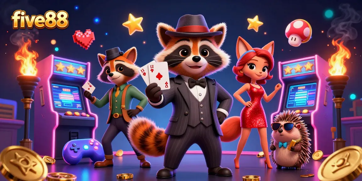 Experience thrilling gaming action at five88 casino with vibrant cartoon characters and arcade elements.