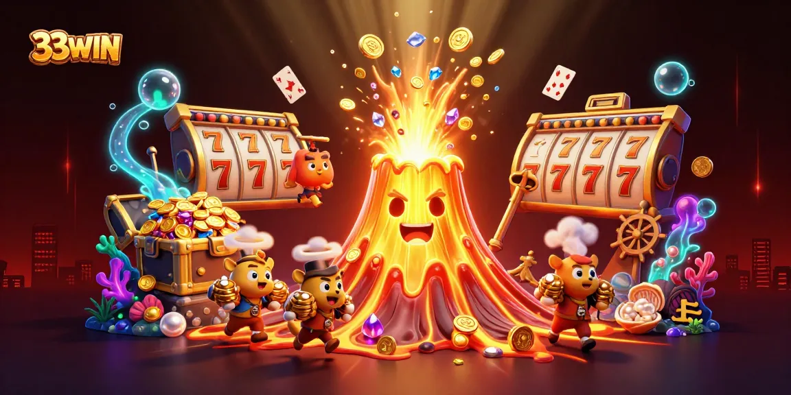 Spin to win at 33WIN with vibrant slot reels and treasures erupting from a golden volcano.