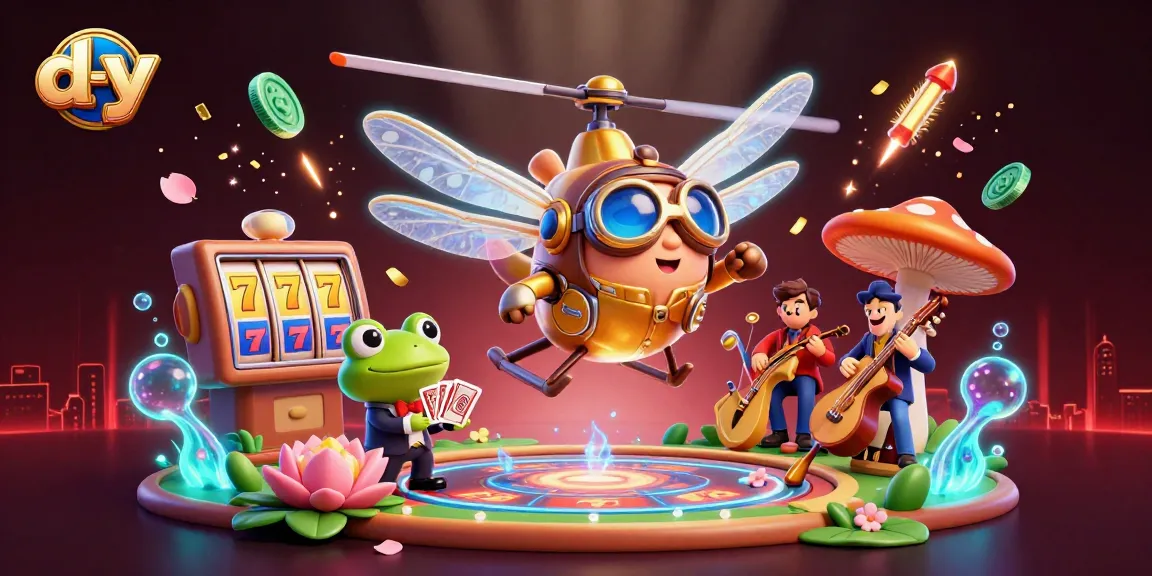 Engage with d-y's thrilling slot games featuring vibrant 3D characters in an exciting casino scene.