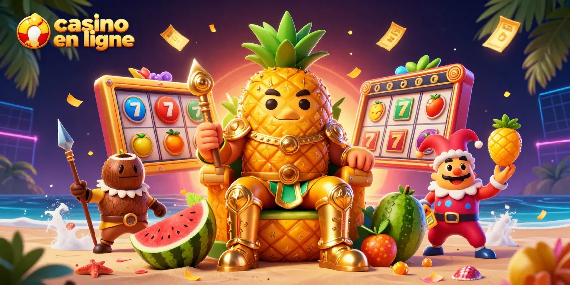 Casino en ligne : illustration de roi ananas au casino avec jeux passionnants.