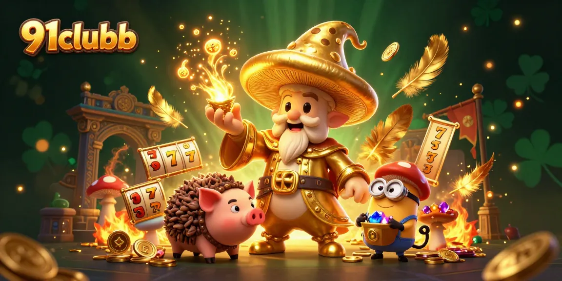 Engage with thrilling 91clubb gaming action, featuring a golden mushroom wizard and treasure-seeking familiar.
