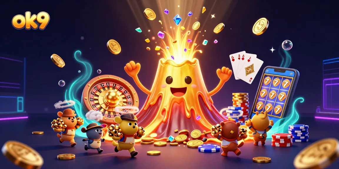 Experience thrilling winnings at ok9 with a vibrant 3D casino scene featuring erupting treasure.