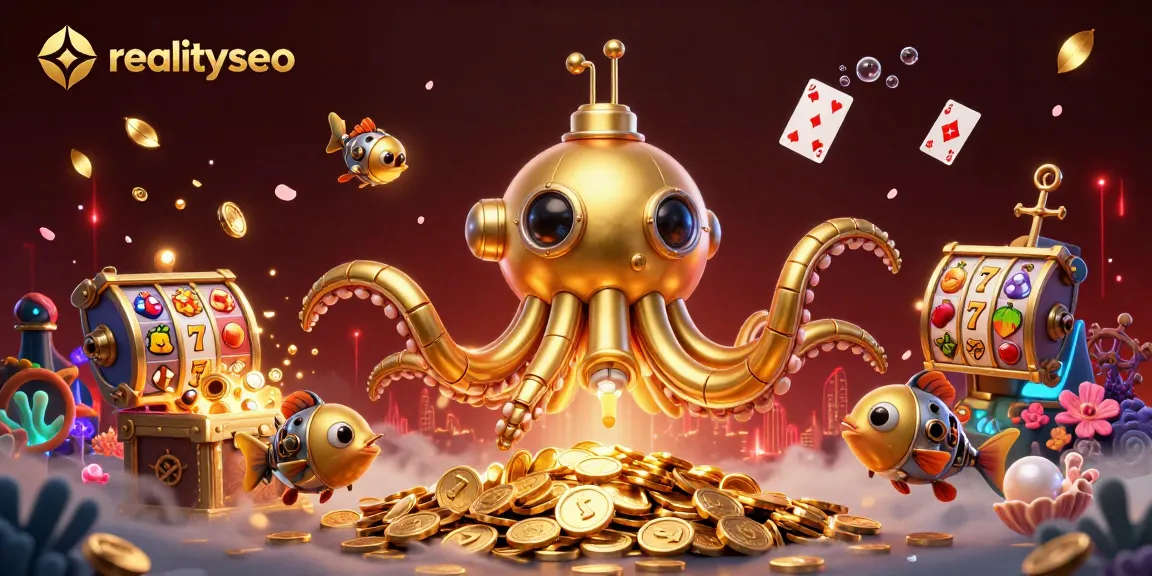 Spin for wins with realityseo as the golden kraken submarine emerges from a treasure trove of coins and slots.