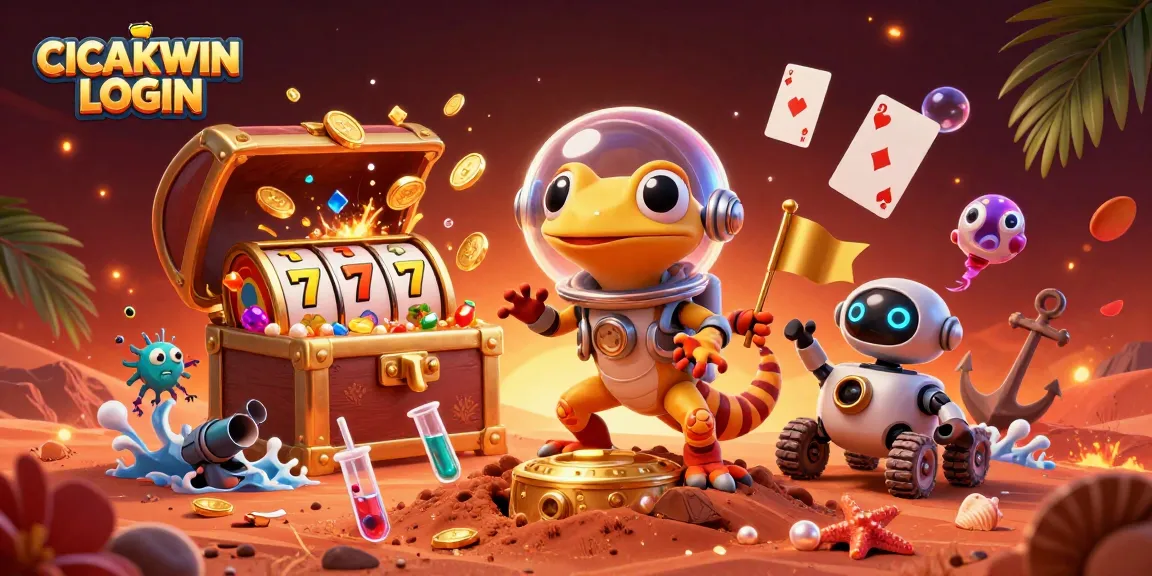 CICAKWIN LOGIN showcases an animated Martian gecko discovering a golden casino, featuring dynamic game elements and celebrations.