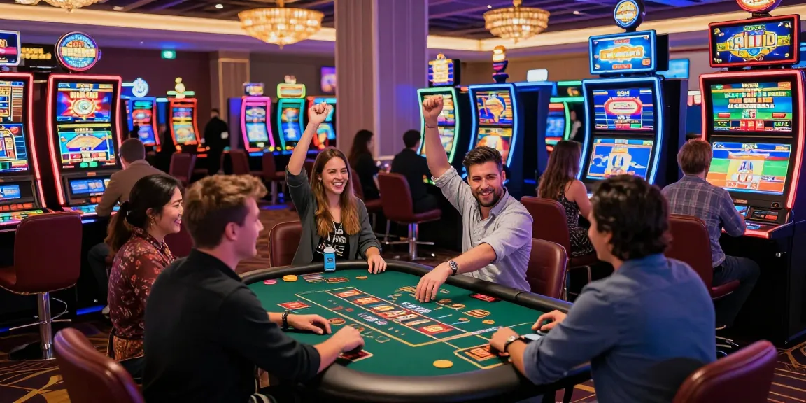 Exciting LC88 casino gaming scene with diverse players celebrating wins and interactive live tables.