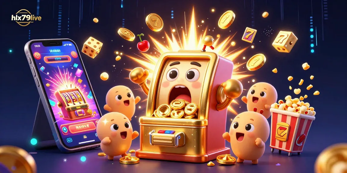 A lively illustration depicting hlx79live's golden slot machine hitting a jackpot, surrounded by cheering baby machines and gaming elements.