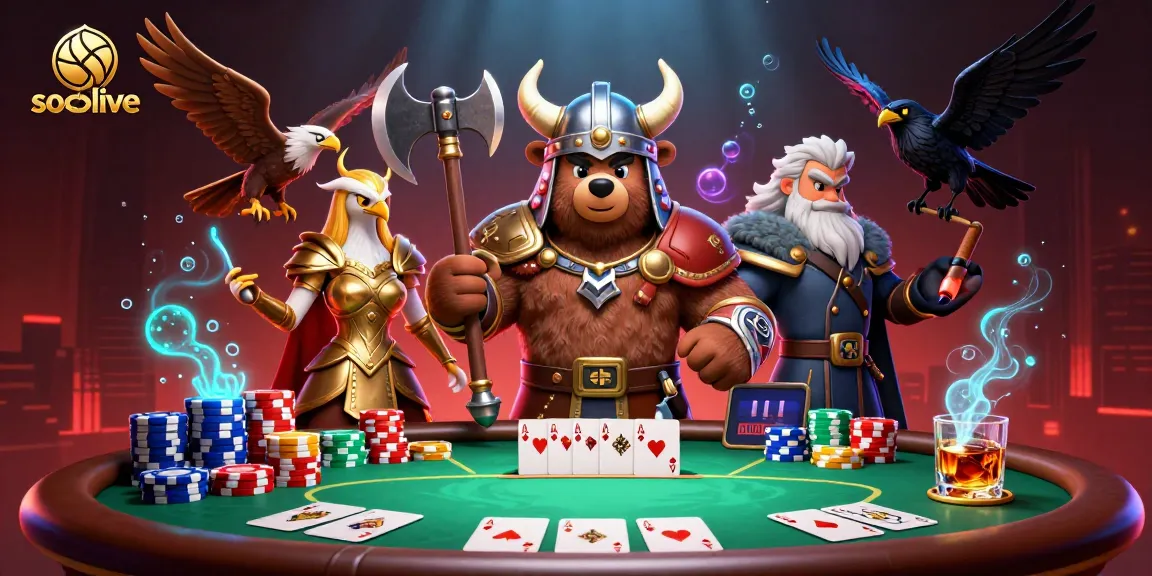 Socolive showcases thrilling poker action with a Viking beserker and Valkyrie amidst vibrant casino elements.