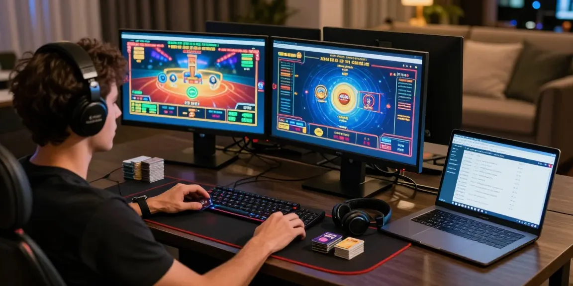 Engaged player at home desk enjoying online casinos that accept credit cards, vibrant game graphics and credit cards visible.