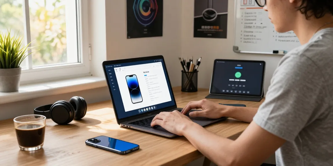 使用爱思助手电脑版管理iPhone的家庭办公室场景，展示现代技术设备和温馨氛围。