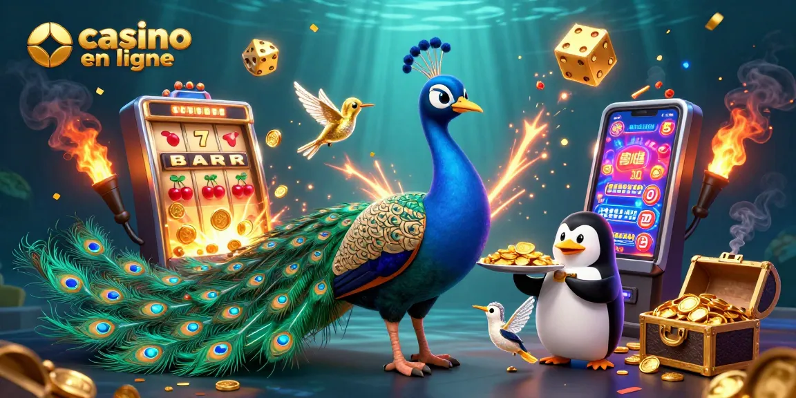 Jouez à votre chance au casino en ligne avec une machine à sous et un oiseau en or au milieu de la scène.