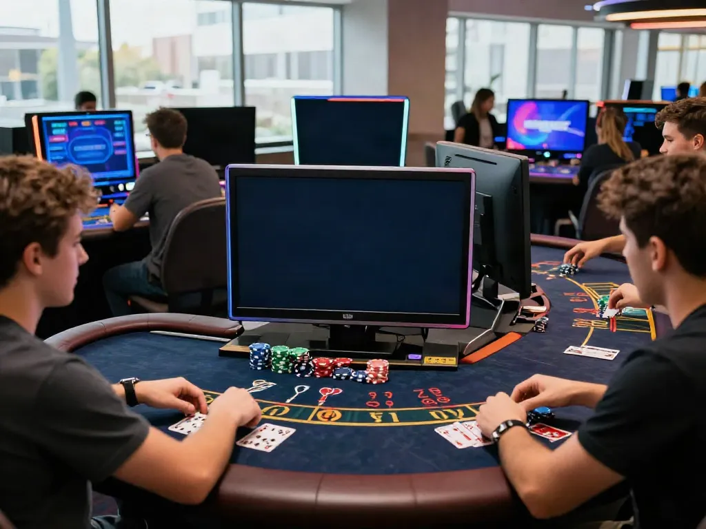Casino En Ligne gaming setup with players engaging at vibrant screens displaying various games and poker chips.