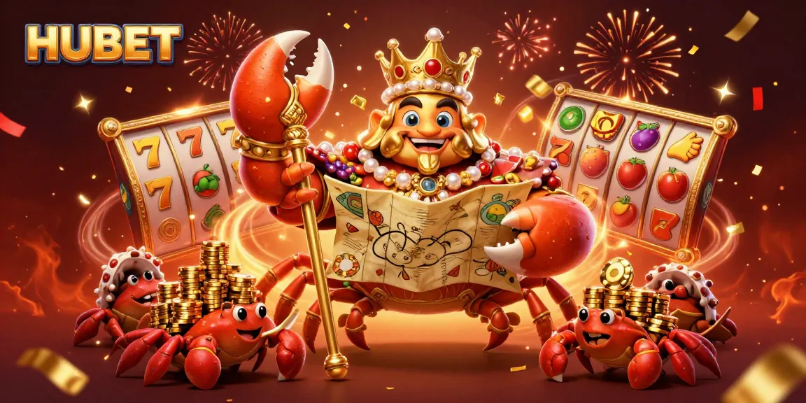 Experience thrilling jackpots with HUBET's golden crab emperor surrounded by vibrant slot game elements.