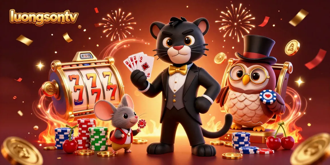 luongsontv offers vibrant casino-themed illustration featuring a panther dealer, lucky mouse, and owl, set among slots and fireworks.