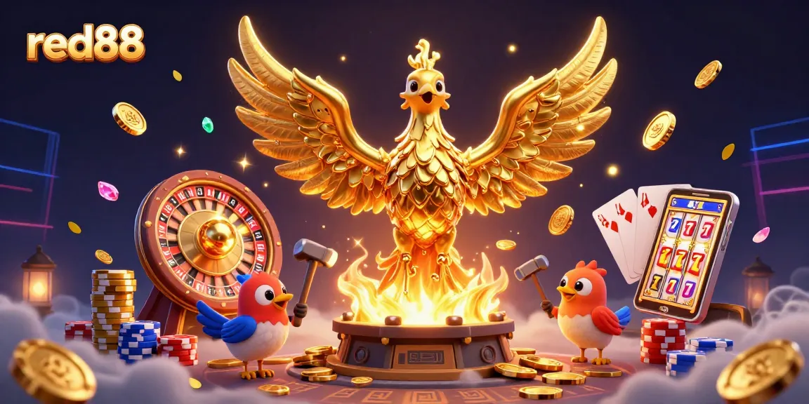 Experience the thrill of gambling with red88’s vibrant 3D casino illustration featuring golden elements.
