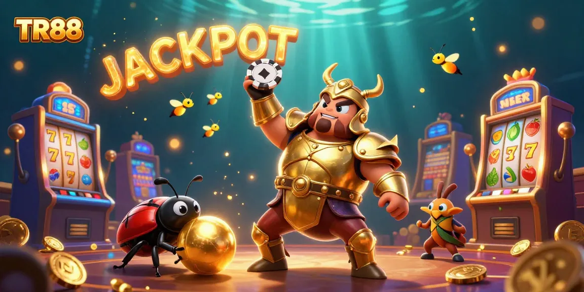 TR88 jackpot scene with a victorious hercules beetle and vibrant slot machine elements