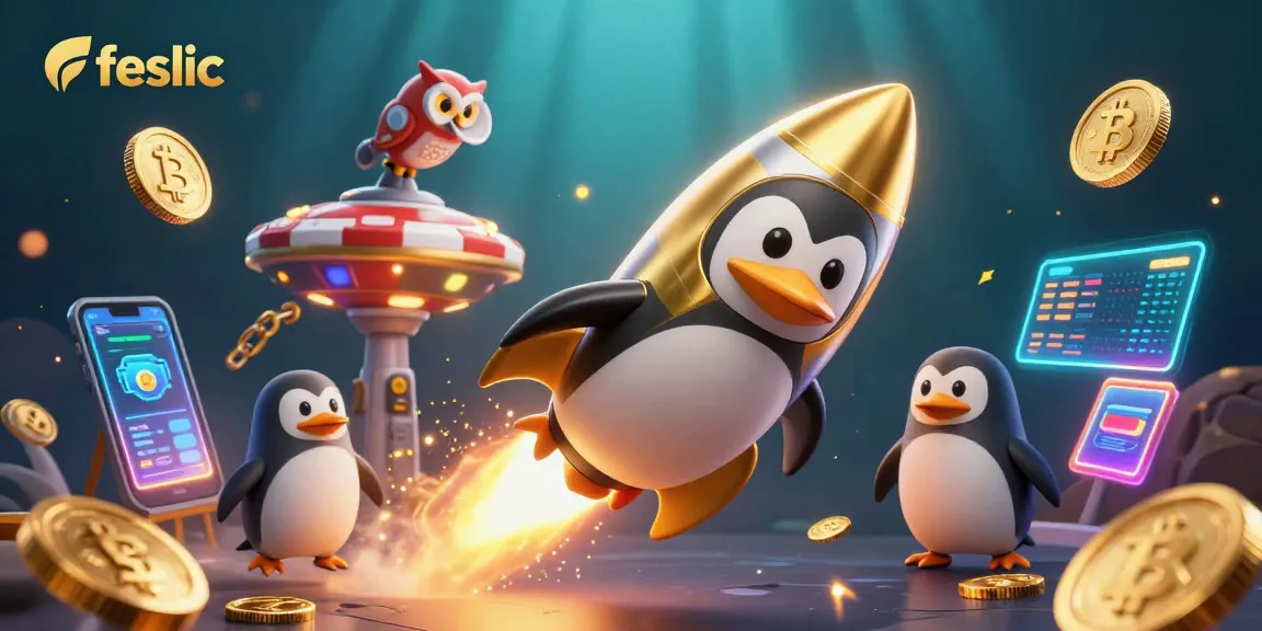 feslic powered penguin flies towards a vibrant crypto casino space with gold coins and neon elements
