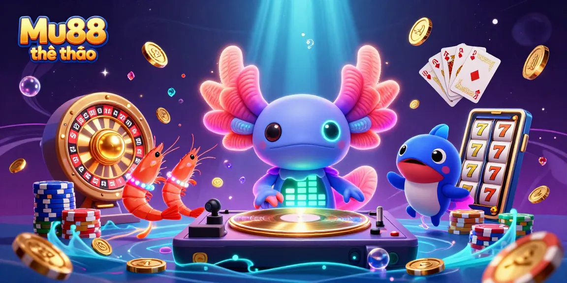 Experience the excitement of Mu88 thể thao with a lively underwater casino scene featuring glowing characters and slot games.
