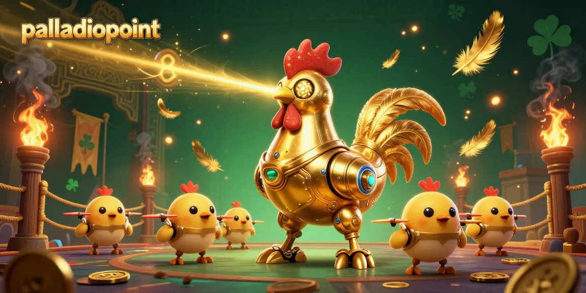 Experience thrilling gameplay at palladiopoint with golden rooster and chick drones in an exciting casino scene.