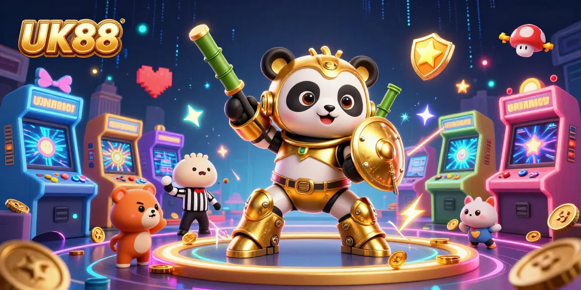 Engage with UK88's dynamic gambling experience, featuring a golden panda and colorful game elements.