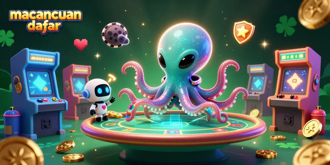 Menjalani permainan judi dengan macancuan daftar dengan alien gurita dan mesin arcade di latar belakang