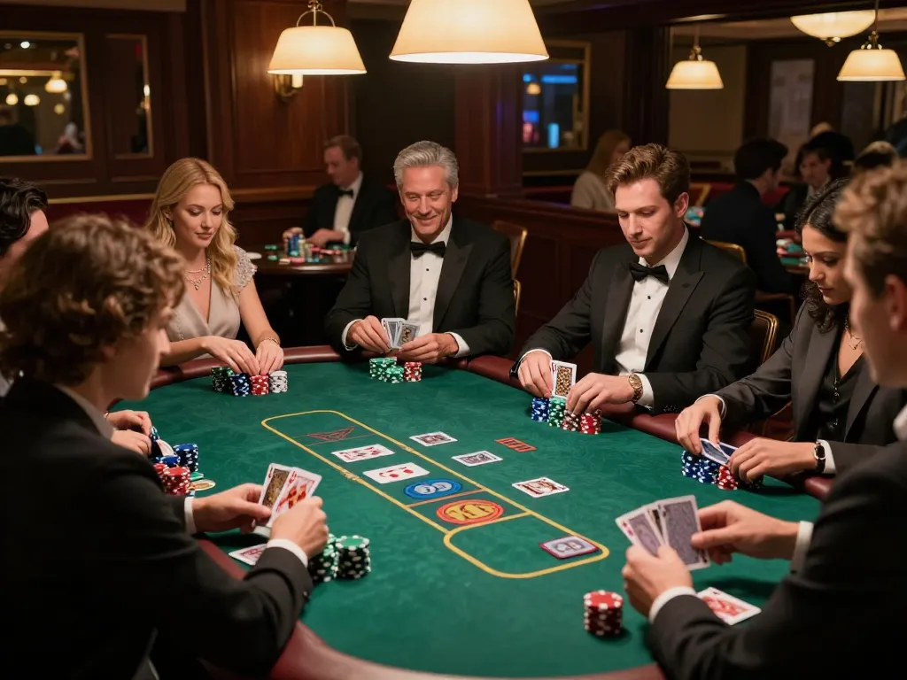 NAGA2000 players enjoying an exciting poker game, strategizing and celebrating wins amidst vibrant casino ambiance.