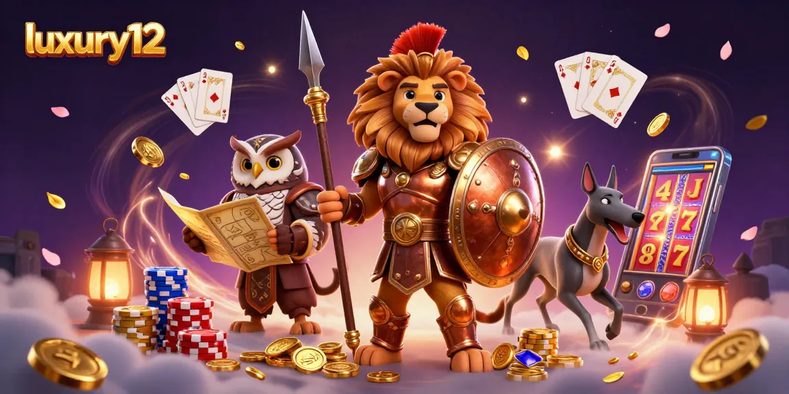 Engage in luxury12 betting excitement with a Spartan lion, tactical owl, and swift greyhound amidst casino treasures.