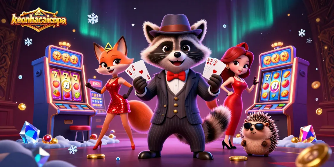 Engage with keonhacaicopa as suave raccoon deals a royal flush amongst vibrant slot machines.